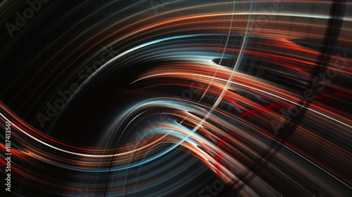 Abstract blue and red on black background texture. Dynamic curves ands blurs pattern. Detailed fractal graphics. Science and technology concept.