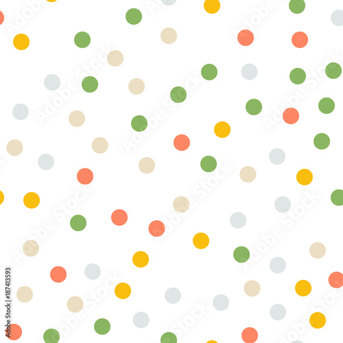 Colorful polka dots seamless pattern on white 5 background. Breathtaking classic colorful polka dots textile pattern. Seamless scattered confetti fall chaotic decor. Abstract vector illustration.