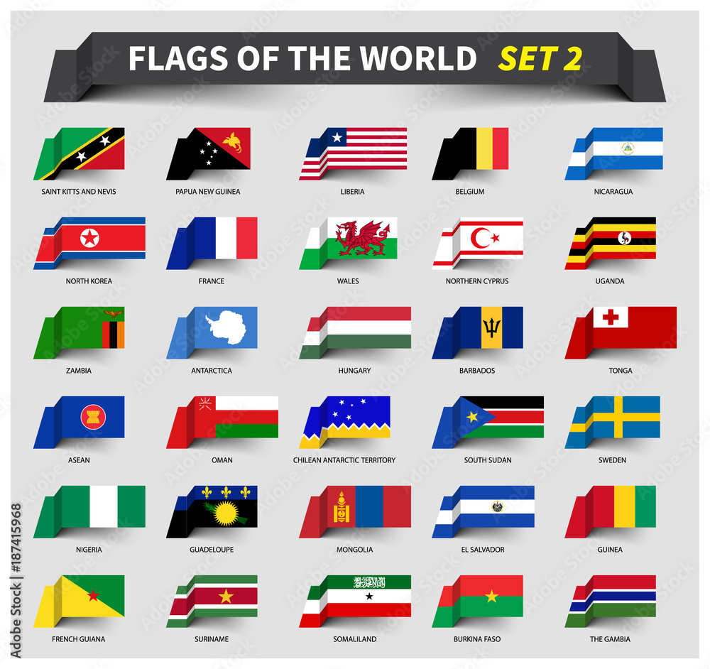 All flags of the world set 2 . Waving ribbon style All flags of the world set 2 . Waving ribbon style