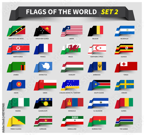 All flags of the world set 2 . Waving ribbon style