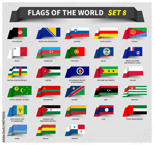 All flags of the world set 8 . Waving ribbon style