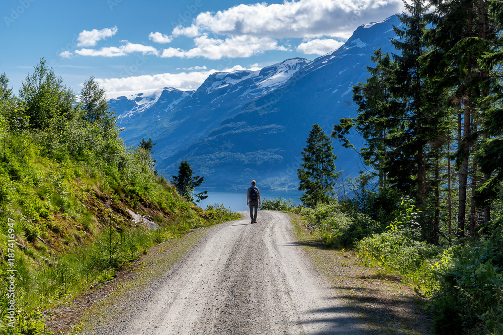 Man walking down a path in Hardanger, Norway