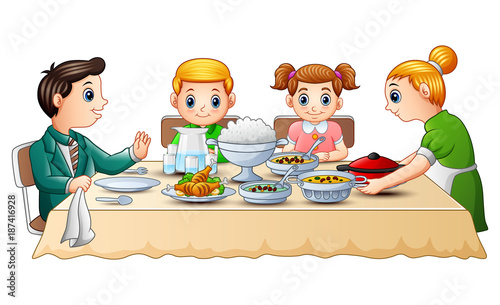 Happy family eating dinner together on dining table