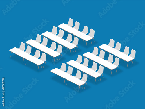 Meeting room setup layout configuration Classroom isometric style illustration, perspective 3d with shadow on blue color background
