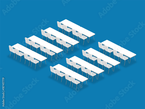 Meeting room setup layout configuration Classroom isometric style illustration, perspective 3d with shadow on blue color background