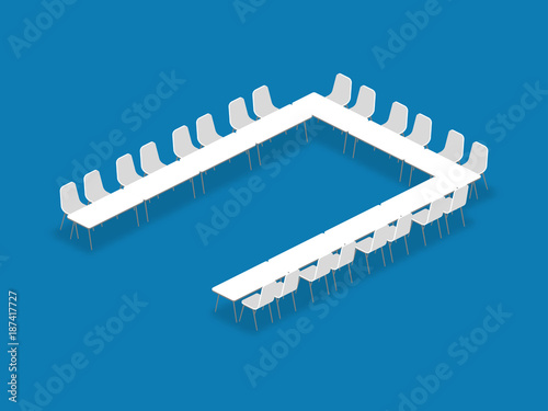 Meeting room setup layout configuration U Shape isometric style illustration, perspective 3d with shadow on blue color background