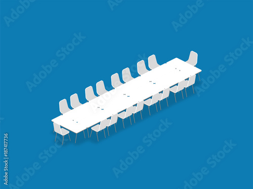 Meeting room setup layout configuration Conference Boardroom isometric style illustration, perspective 3d with shadow on blue color background