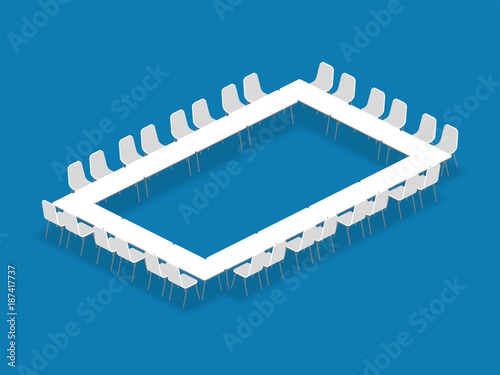 Meeting room setup layout configuration Hollow Square isometric style illustration, perspective 3d with shadow on blue color background