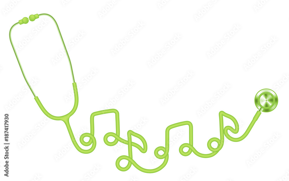 Stethoscope green color and music note sign symbol made from cable isolated on white background, with copy space Stethoscope green color and music note sign symbol made from cable isolated on white background, with copy space