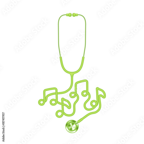 Stethoscope green color and music note sign symbol made from cable isolated on white background, with copy space
