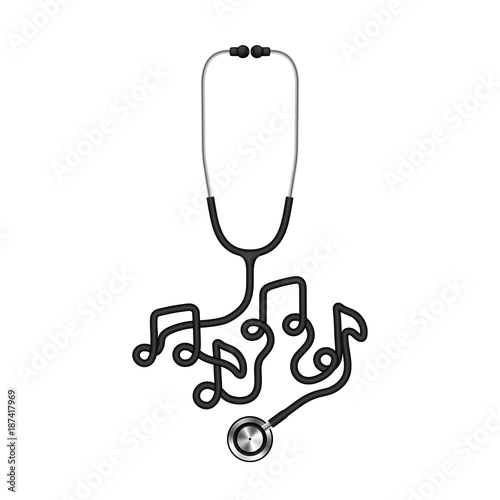 Stethoscope black color and music note sign symbol made from cable isolated on white background, with copy space