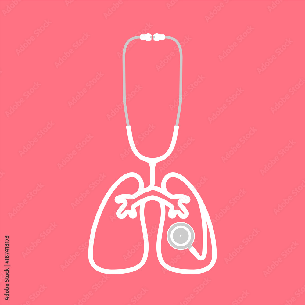 Stethoscope white color and lung sign symbol shape made from cable flat design isolated on pink background, with copy space