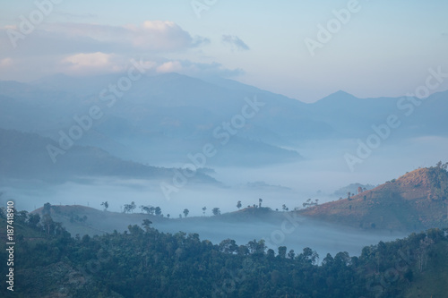 The mist covered the high mountains..