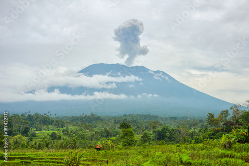 Agung volcano eruption view from rice terraces, Bali, Indonesia