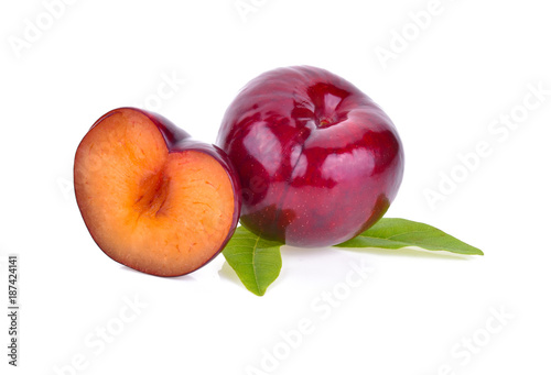 Red plum fruit on white background