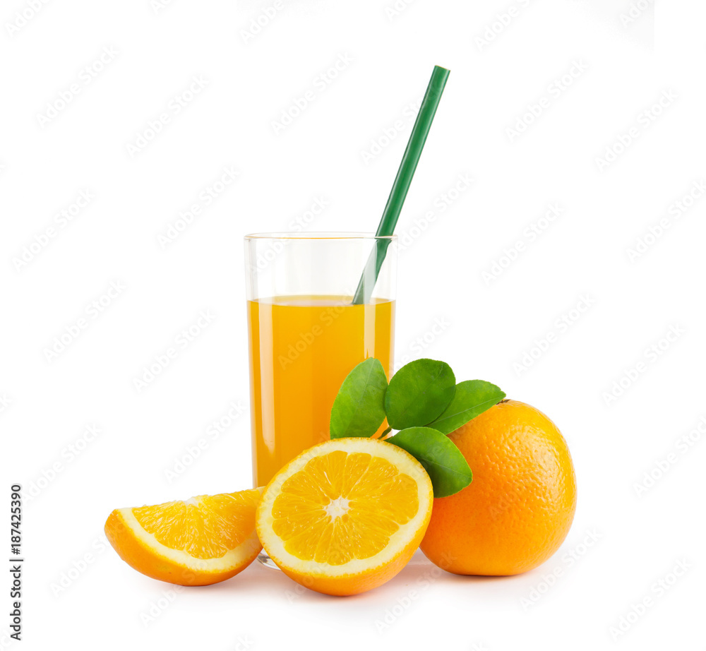 A glass of orange juice and a slice of orange isolated on white background with clipping path A glass of orange juice and a slice of orange isolated on white background with clipping path