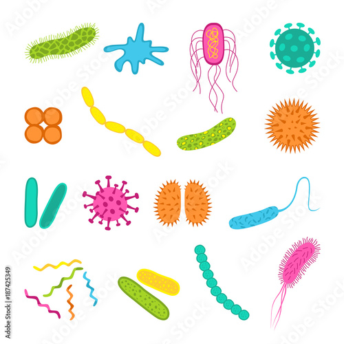Germs and bacteria icons set in flat style.