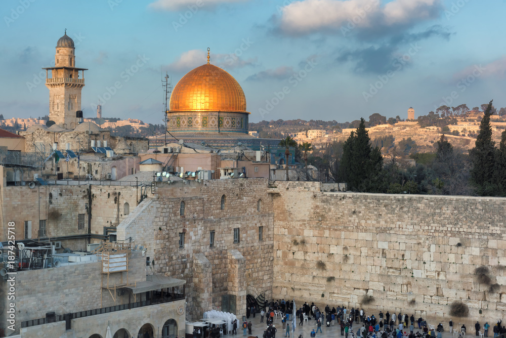 Western Wall and golden Dome of the Rock in Jerusalem Old City, Israel.