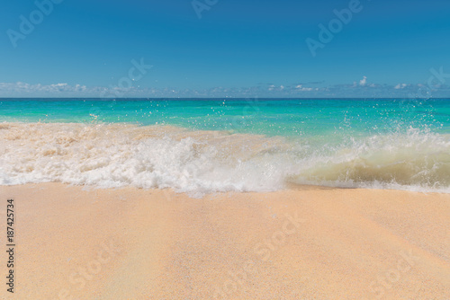 Beautiful tropical beach. Sea wave on the golden sands.