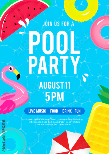 Pool party invitation vector illustration. Top view of swimming pool with pool floats. photo