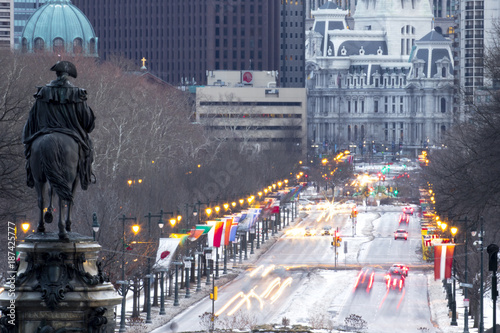 Philadelphia City Hall and Benjamin Franklin Parkway from Art Museum in Winter