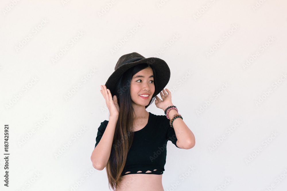 Fashion Portrait of Young cute asian woman wearing crop top and do yoga pose Fashion Portrait of Young cute asian woman wearing crop top and do yoga pose