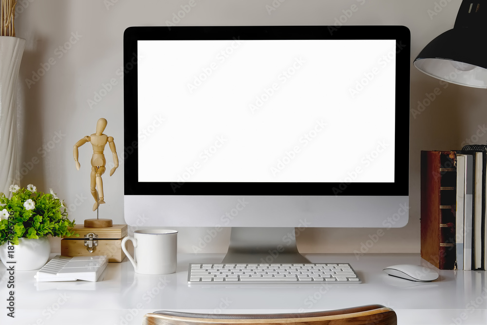 Creative desktop with blank white computer monitor, Workplace with modern desktop pc comfortable work table. Designer loft desk space concept. - obrazy, fototapety, plakaty 