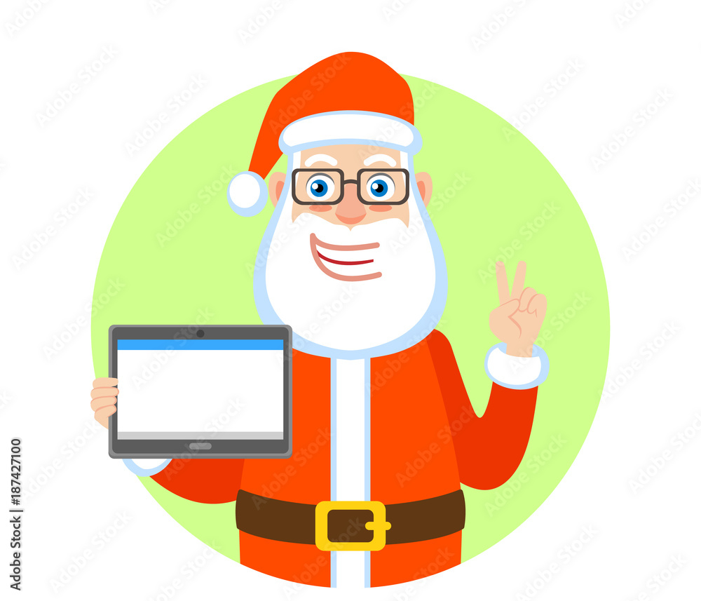 Victory! Santa Claus holding tablet PC and showing victory hand sign or quotes hand sign. Two fingers up.