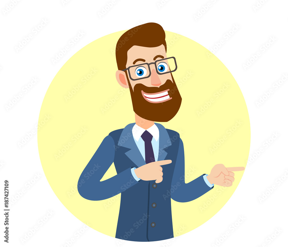 Hipster Businessman pointing something beside of him