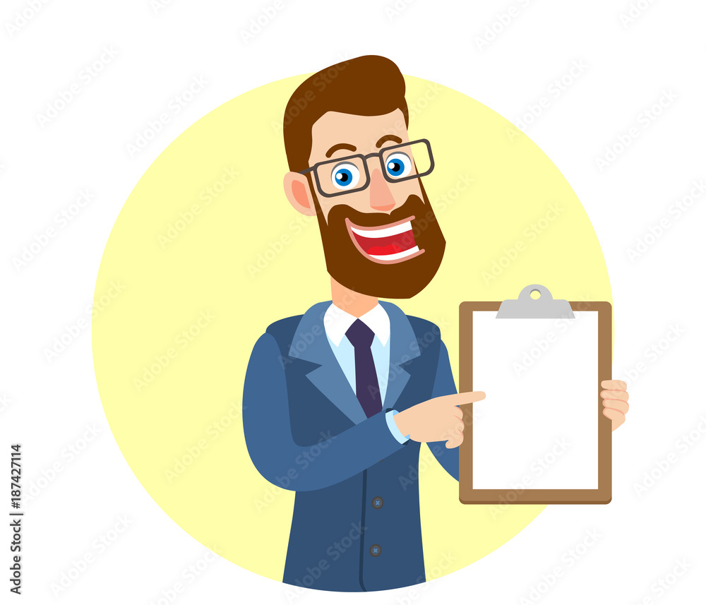 Hipster Businessman pointing his finger at clipboard Hipster Businessman pointing his finger at clipboard