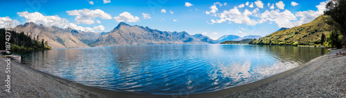 Tranquil Panoramic View of Lake Wakatipu at Wilson Bay, Otago Region, New Zealand, Southern Island.