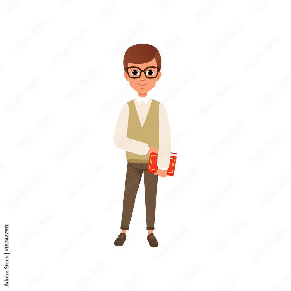 Cartoon character of smart teen boy in glasses holding book in hand. Kid  with brown hair in shirt, vest and trousers. Child with smiling face  expression. Flat vector Stock Vector | Adobe