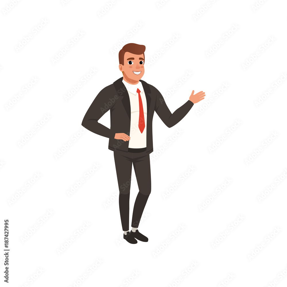 Young self-confident business man standing and waving hand. Cartoon male character in classic black suit with red tie. Successful office manager. Flat vector design Young self-confident business man standing and waving hand. Cartoon male character in classic black suit with red tie. Successful office manager. Flat vector design