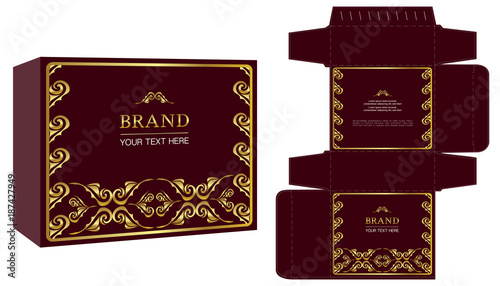 Packaging design, gold luxury box design template and mockup box. Illustration vector