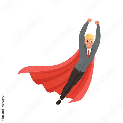 Cheerful business man with classic superhero mantle in flying action with hands up. Cartoon young guy in stylish suit, shirt and tie. Office worker. Flat vector design
