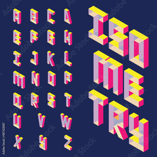 Isolated on dark background isometric letters sequence from A to Z in bright colors. Geometric abc font, good for writing quotes and lettering