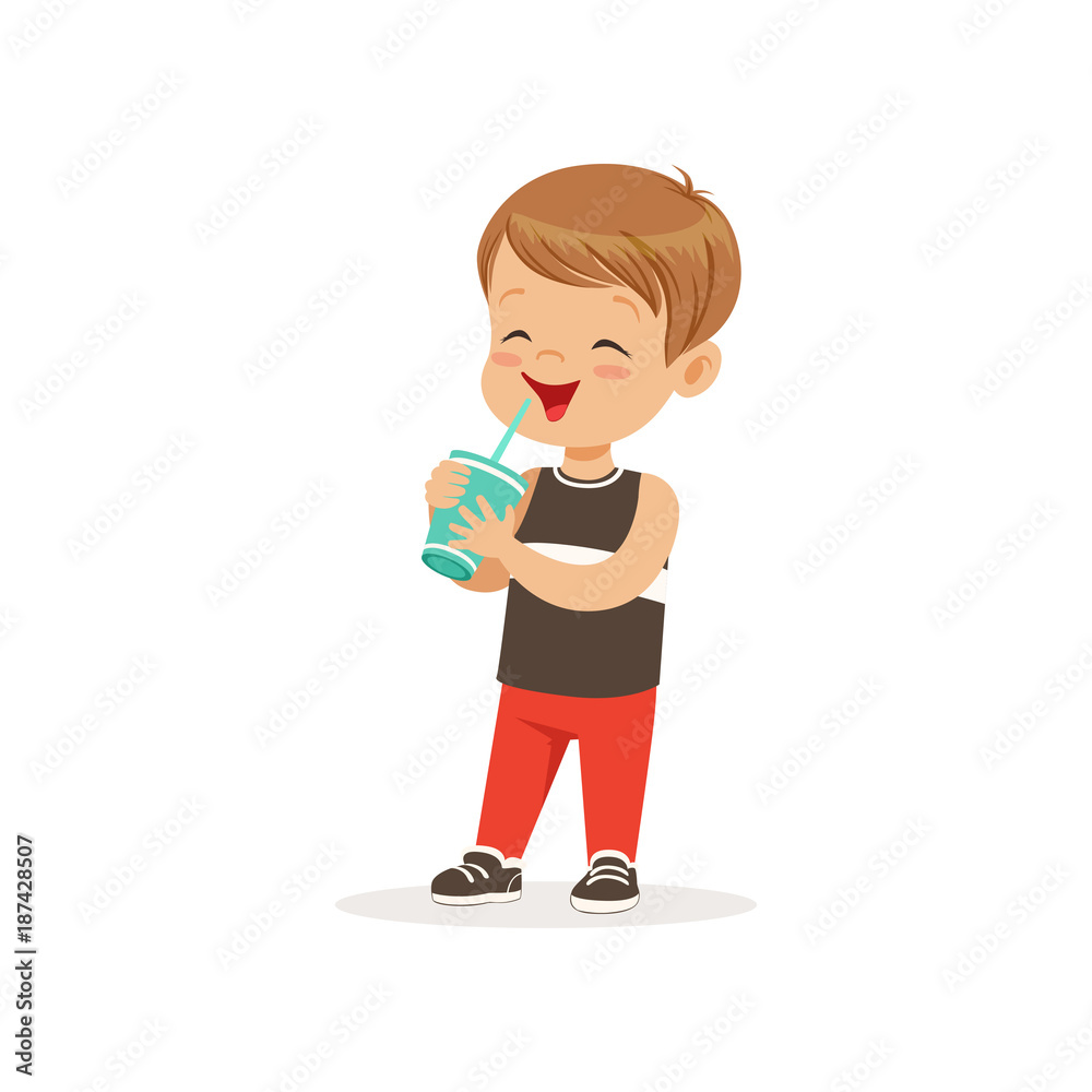 Cartoon preschool boy drinking his milk cocktail. Kid character with happy face expression. Brown-haired child in black t-shirt and red pants. Flat vector illustration