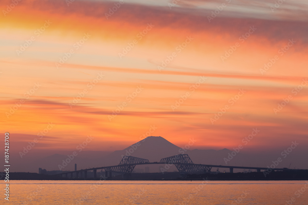 Tokyo gate bridge and Mt. Fuji in sunset