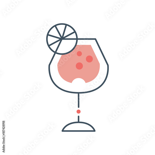 Illustration of glass goblet with summer cocktail and slice of orange lemon. Tasty alcoholic beverage in linear style with pink fill. Flat vector design for logo