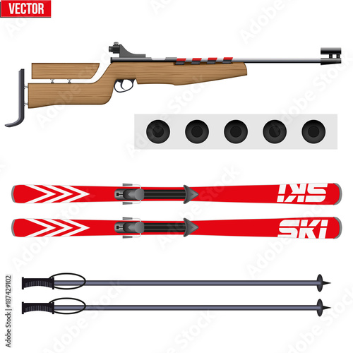 Set of Biathlon sport. Rifle with target and ski. Sporting equipment for winter games. Vector Illustration isolated on white background.