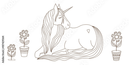 sleeping unicorn and flowers, coloring page