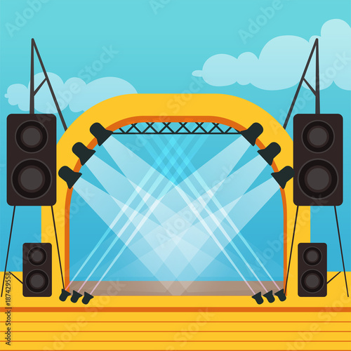 Empty stage for open air festival or music concert. Outdoor scene with professional lighting and sound equipment. Colorful cartoon flat vector