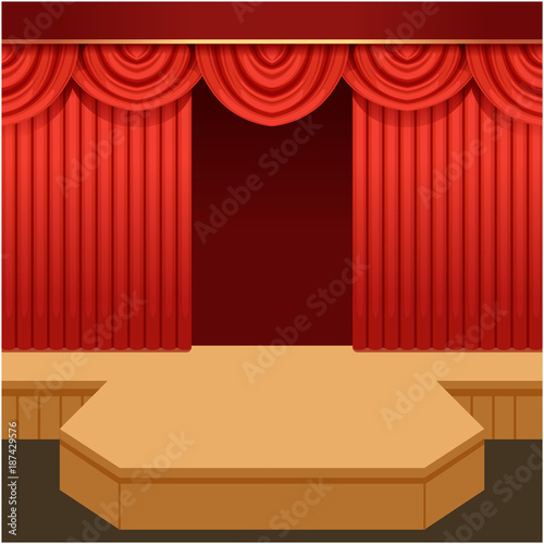 Open theater scene with red curtain and fashion podium. Wooden show stage with scarlet velvet drapery and pelmets. Vector flat cartoon illustration.