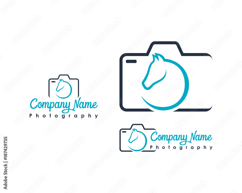 Line Art Camera Photography with Head Horse Illustration Symbol Modern Logo Company Vector Set