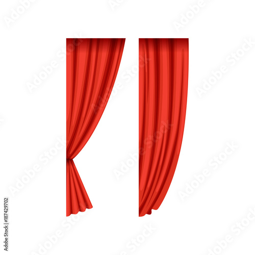Two red silk or velvet theatrical curtains for left side of the stage. Scarlet drapery with light and shadows. Concert hall design element. Flat vector.