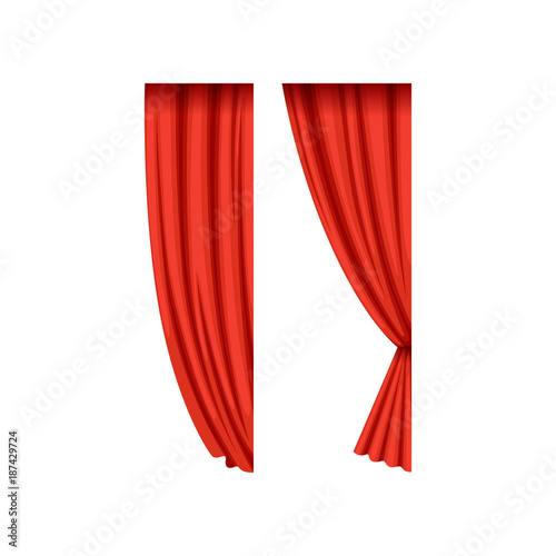 Icons of red silk or velvet theatrical curtains for right side of the stage. Cartoon luxury scarlet drapery with light and shadows. Flat vector