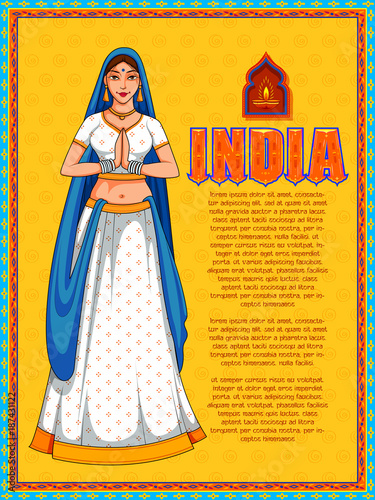 Lady doing namaste gesture showing welcome on India background