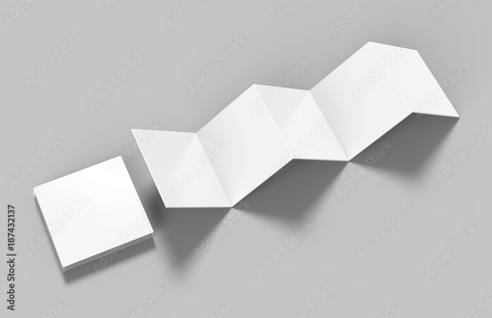 Fototapeta premium Kwadratowa broszura z akordeonem, dziesięciostronicowa ulotka, fałd harmonijkowy. pusty biały renderowania 3d ilustracji.
