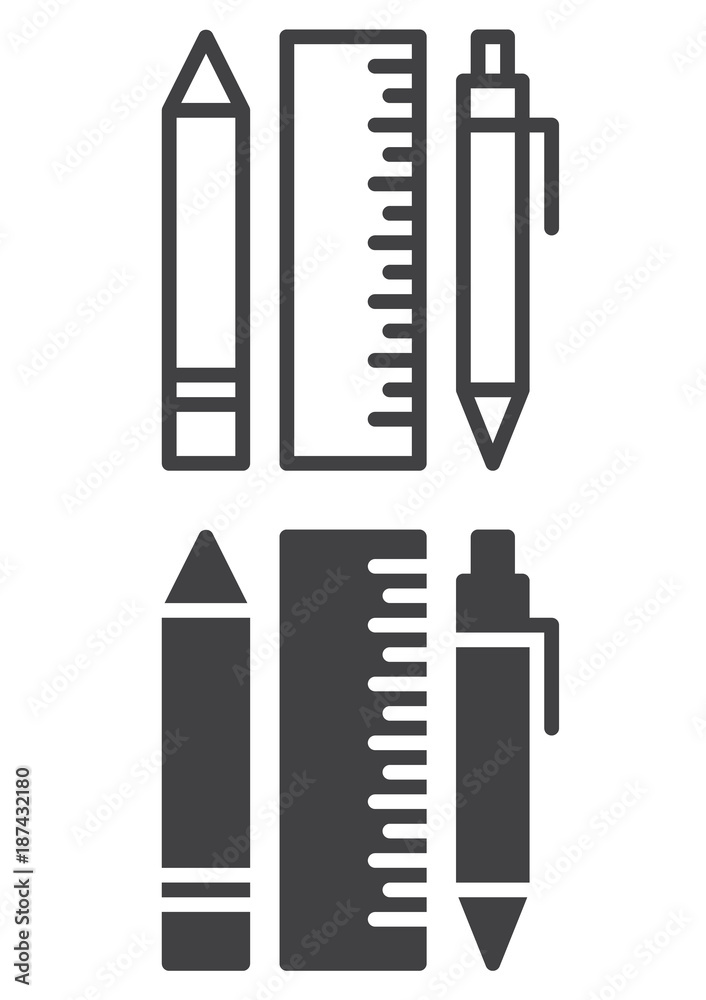 Pen, pencil and ruler icon, line and solid version, outline and filled vector sign, linear and full pictogram isolated on white. Stationery symbol, logo illustration. Pixel perfect vector graphics Pen, pencil and ruler icon, line and solid version, outline and filled vector sign, linear and full pictogram isolated on white. Stationery symbol, logo illustration. Pixel perfect vector graphics