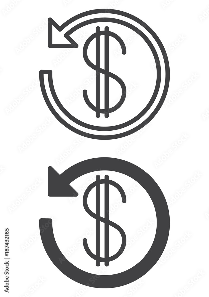 Dollar sign with arrow around icon, line and solid version, outline and filled vector sign, linear and full pictogram isolated on white. Cashback symbol, logo illustration. Vector graphics Dollar sign with arrow around icon, line and solid version, outline and filled vector sign, linear and full pictogram isolated on white. Cashback symbol, logo illustration. Vector graphics